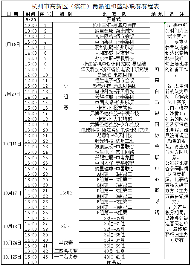 杭州市高新區(qū)(濱江)兩新組織籃球聯(lián)賽賽程表